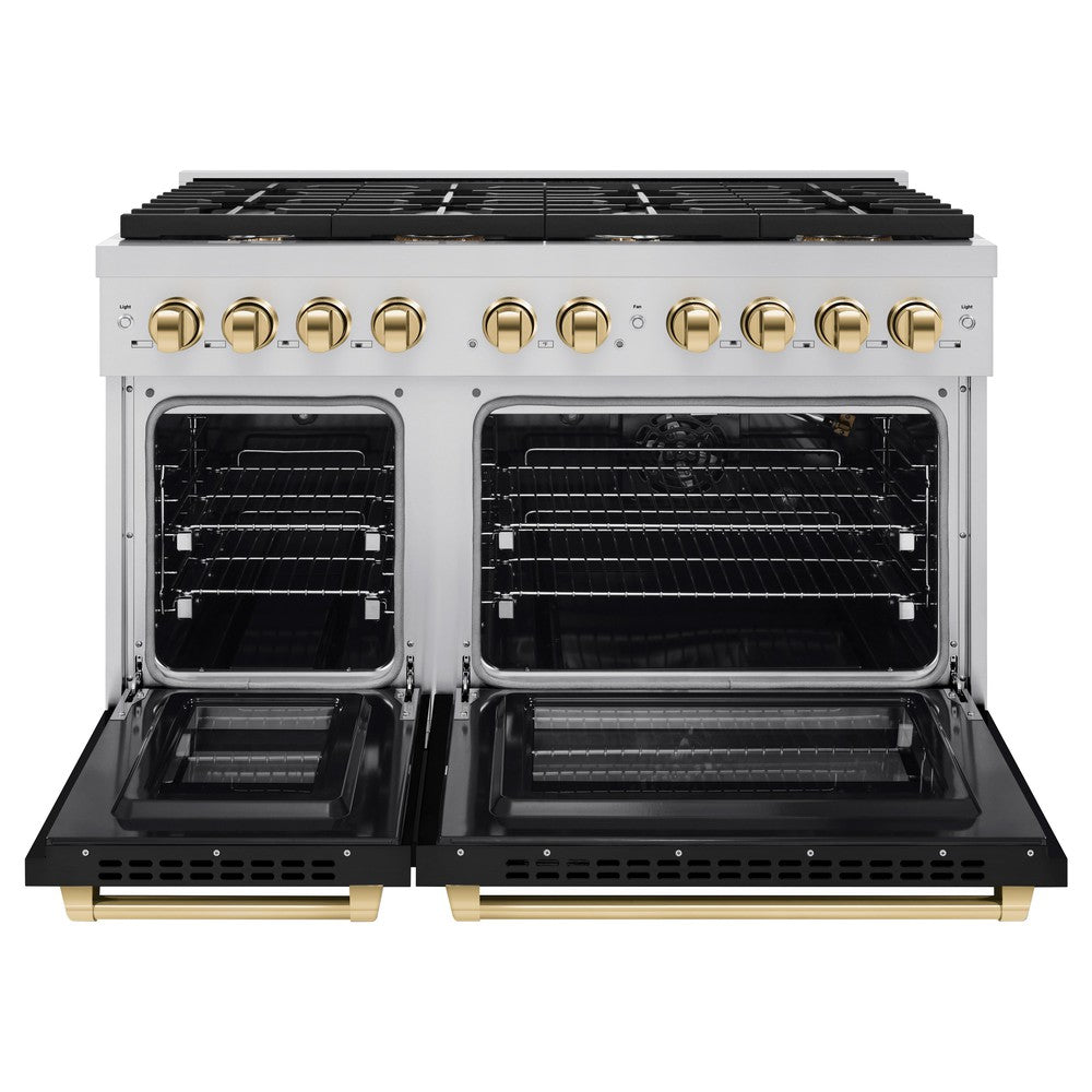 ZLINE Autograph Edition 48 in. Paramount Double Oven Dual Fuel Range 6.7 cu. ft. with 8 Gas Burners, Black Matte Doors and Polished Gold Accents (SDRZ-BLM-48-G)