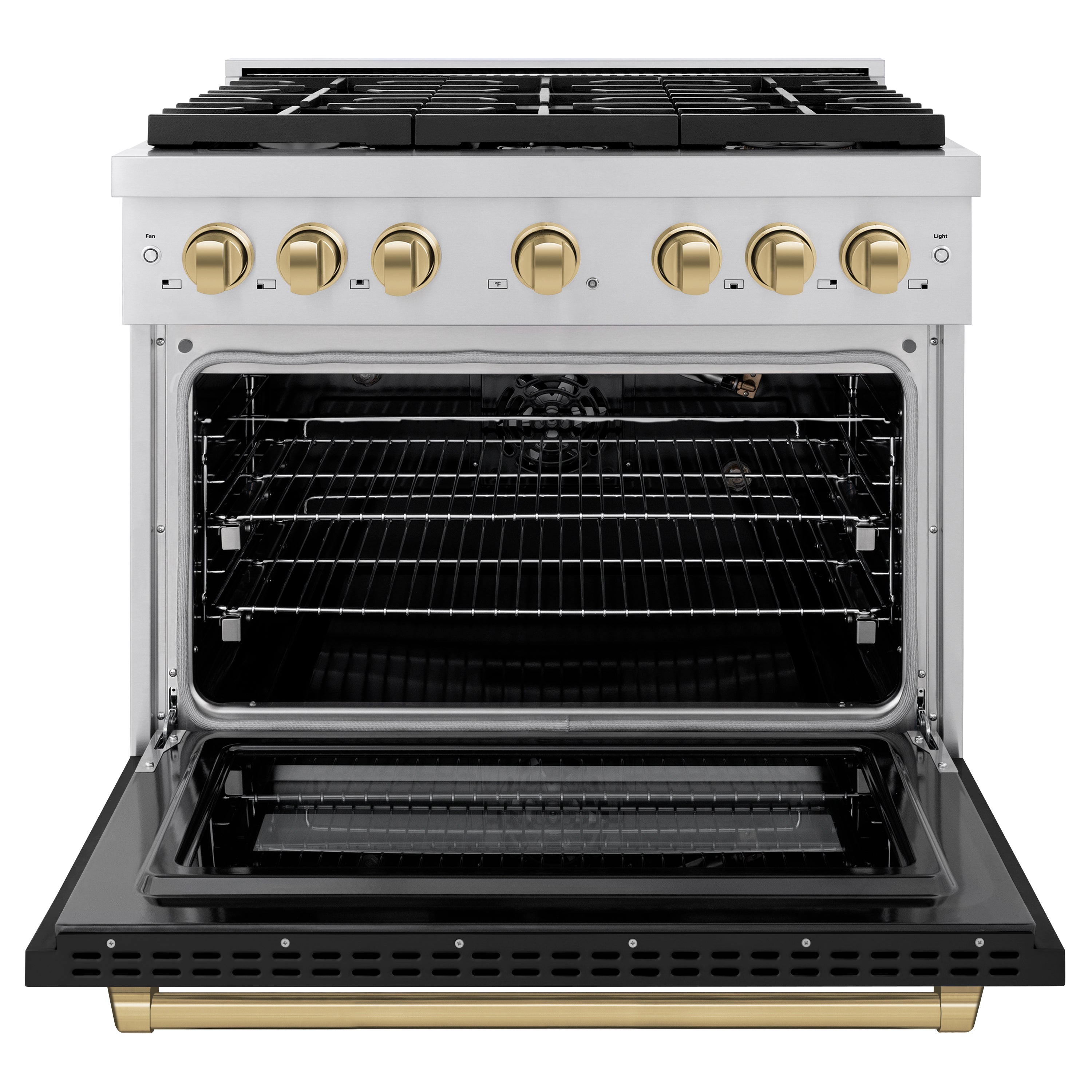ZLINE Autograph Edition 36 in. 5.2 cu. ft. Paramount Gas Range with Convection Oven, Stainless Steel with Black Matte Door and Champagne Bronze Accents (SGRZ-BLM-36-CB)