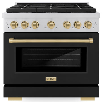 ZLINE Autograph Edition 36 in. 5.2 cu. ft. Paramount Gas Range with Convection Oven, Stainless Steel with Black Matte Door and Champagne Bronze Accents (SGRZ-BLM-36-CB)