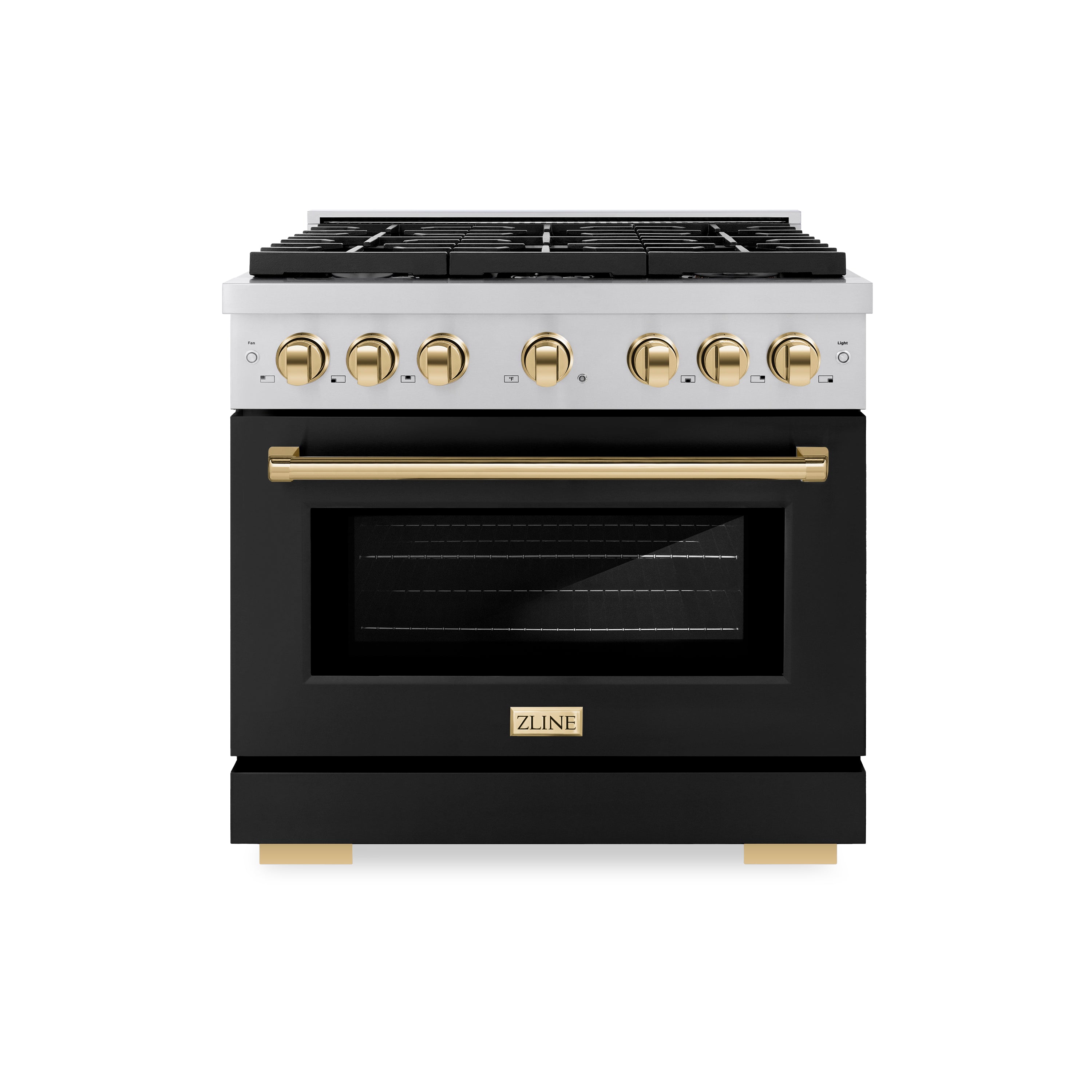 ZLINE Autograph Edition 36 in. Paramount Gas Range 5.2 cu. ft. with Convection Gas Oven, 6 Burners, Stainless Steel with Black Matte Door and Gold Accents (SGRZ-BLM-36-G)