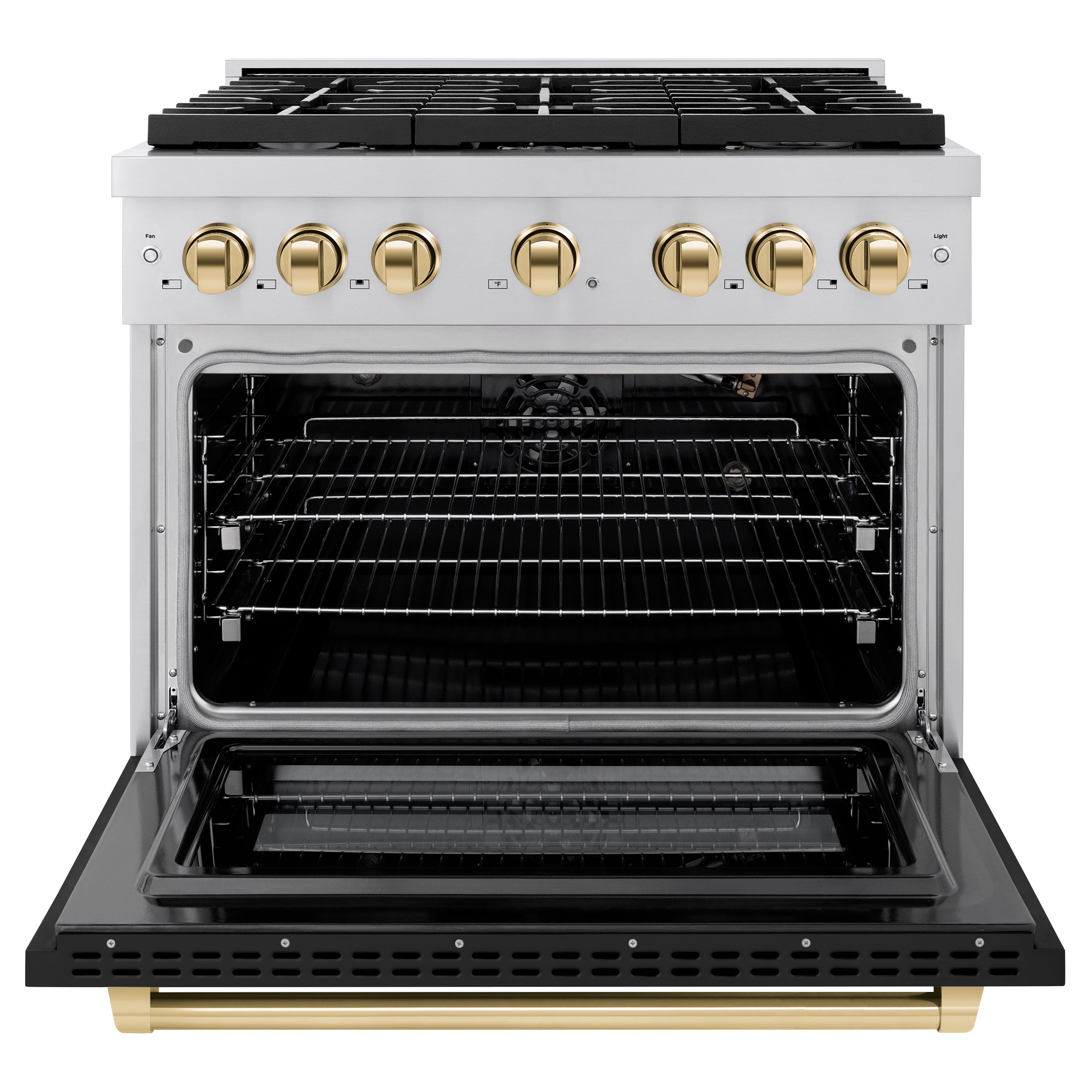 ZLINE Autograph Edition 36 in. Paramount Gas Range 5.2 cu. ft. with Convection Gas Oven, 6 Burners, Stainless Steel with Black Matte Door and Gold Accents (SGRZ-BLM-36-G)