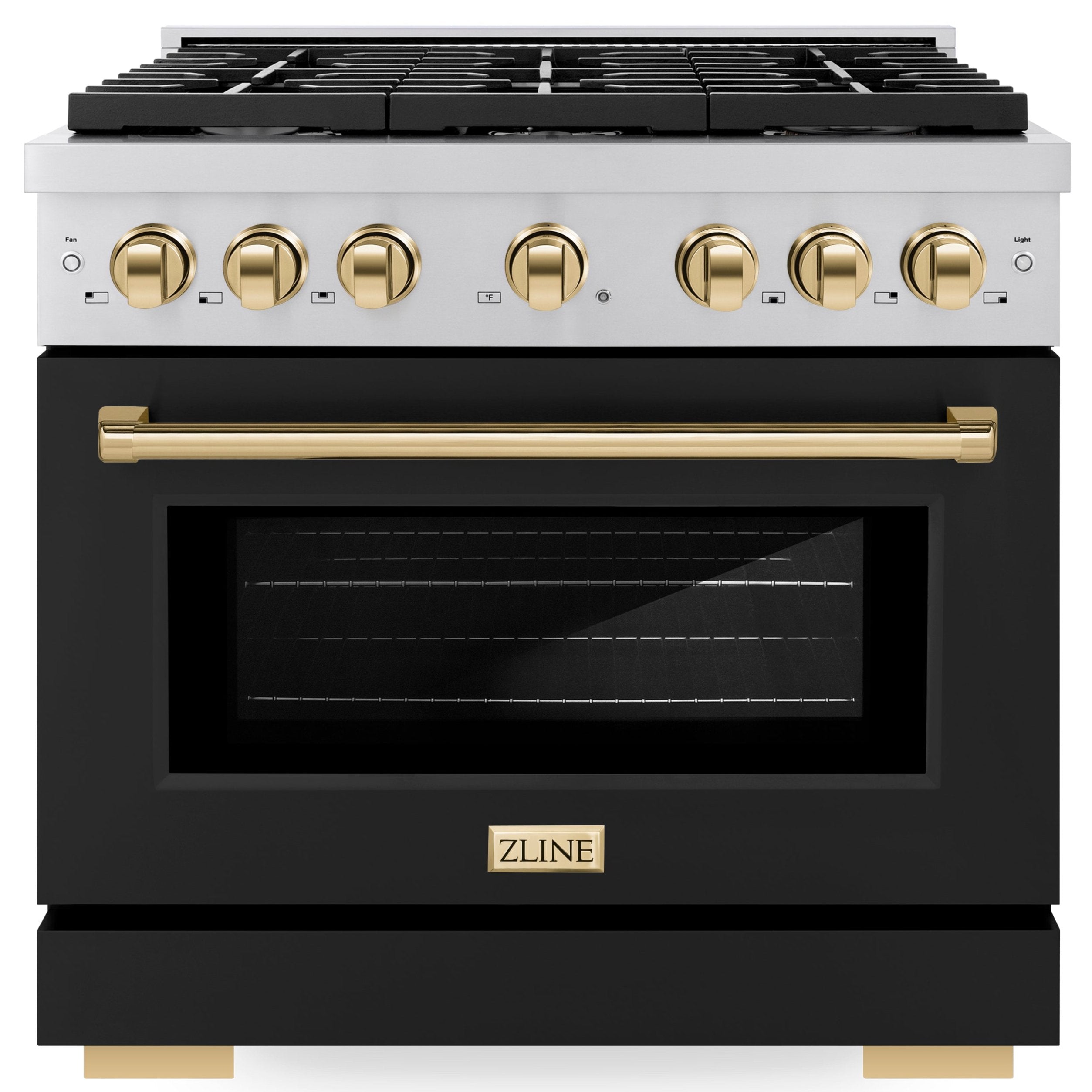 ZLINE Autograph Edition 36 in. Paramount Gas Range 5.2 cu. ft. with Convection Gas Oven, 6 Burners, Stainless Steel with Black Matte Door and Gold Accents (SGRZ-BLM-36-G)