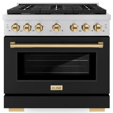 ZLINE Autograph Edition 36 in. Paramount Gas Range 5.2 cu. ft. with Convection Gas Oven, 6 Burners, Stainless Steel with Black Matte Door and Gold Accents (SGRZ-BLM-36-G)