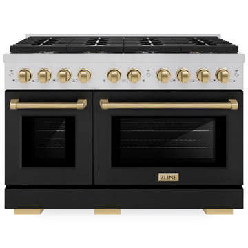 ZLINE Autograph 48 in. 6.7 cu. ft. Paramount Double Oven Gas Range with 8 Burners in Stainless Steel with Black Matte Doors and Champagne Bronze Accents (SGRZ-BLM-48-CB)