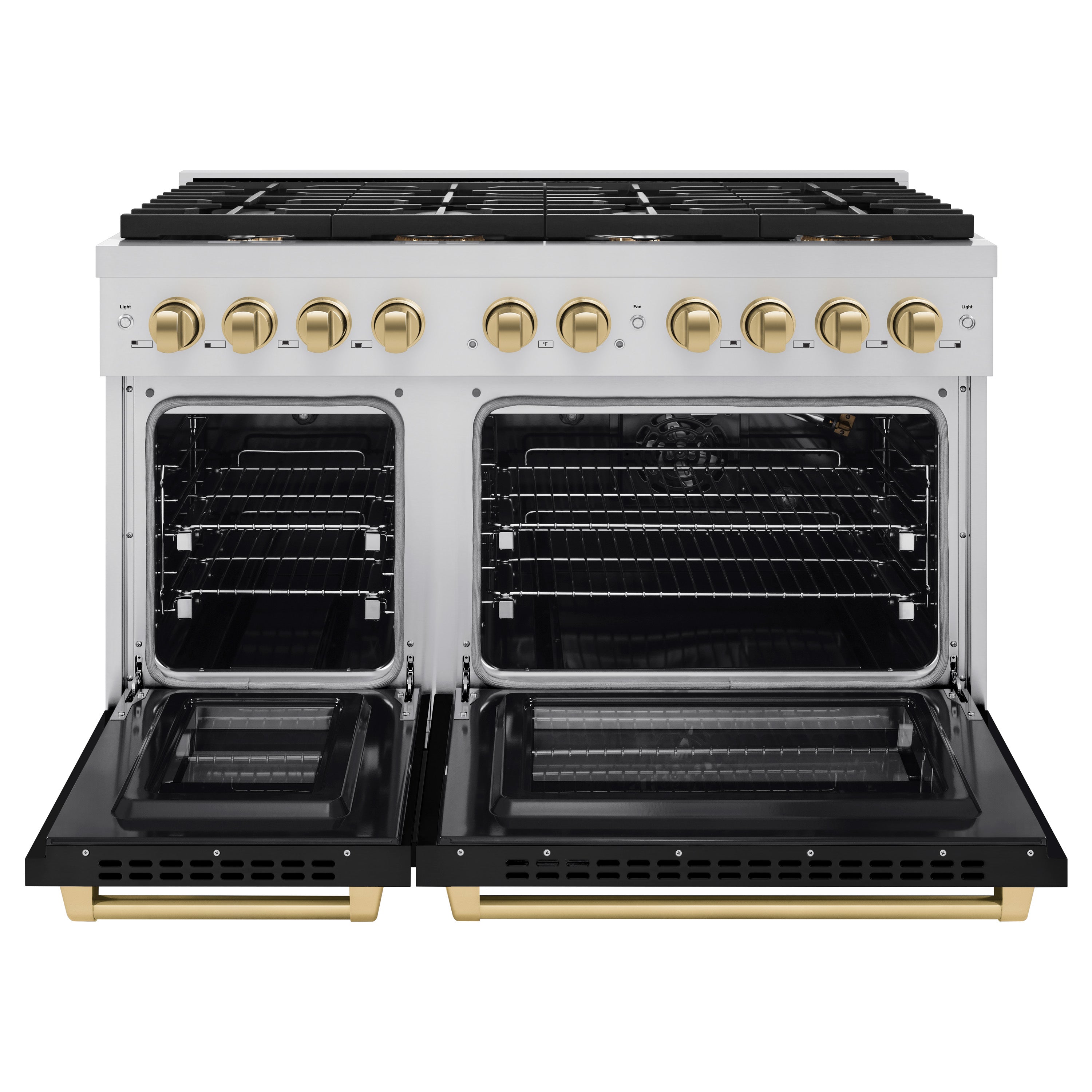 ZLINE Autograph 48 in. 6.7 cu. ft. Paramount Double Oven Gas Range with 8 Burners in Stainless Steel with Black Matte Doors and Champagne Bronze Accents (SGRZ-BLM-48-CB)