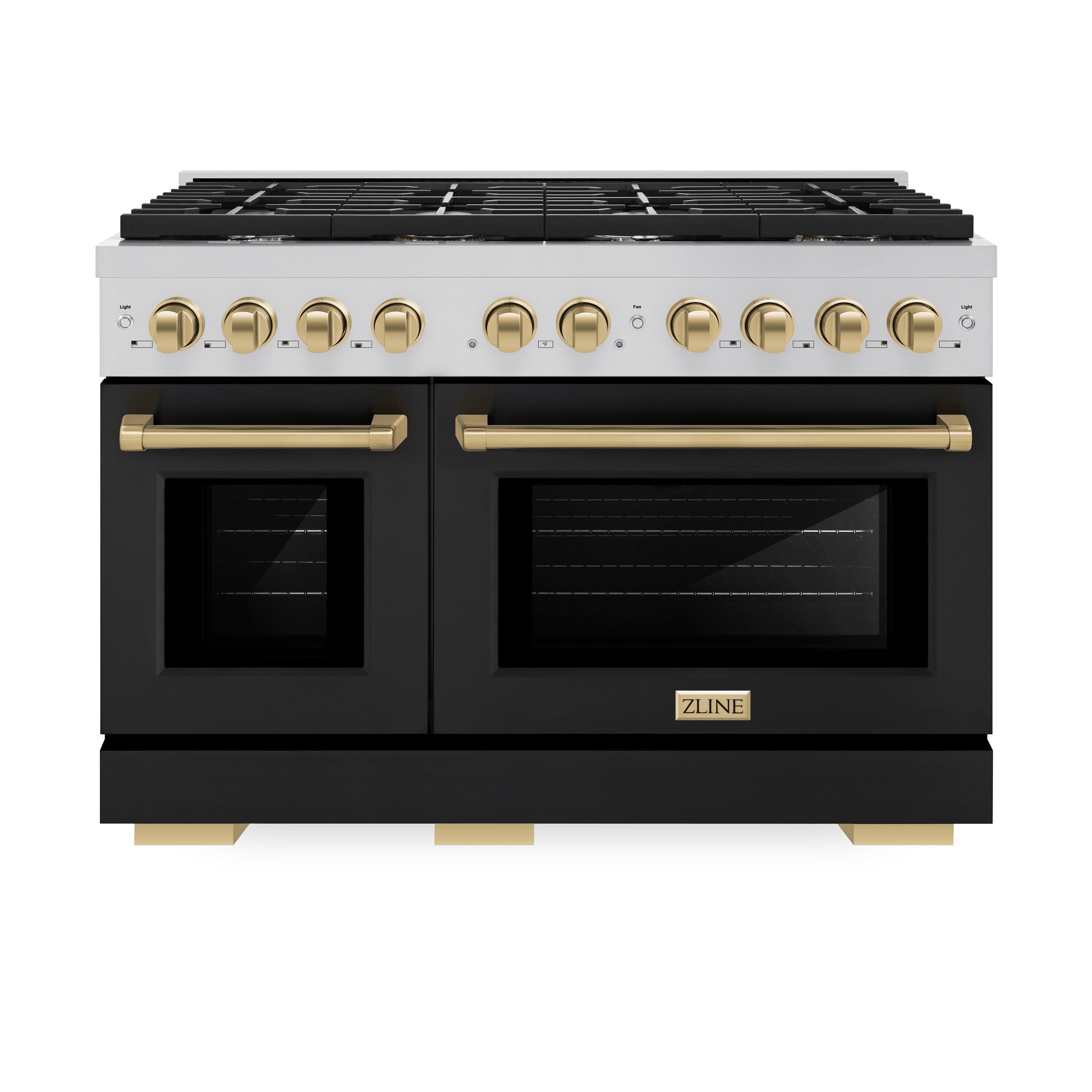 ZLINE Autograph 48 in. 6.7 cu. ft. Paramount Double Oven Gas Range with 8 Burners in Stainless Steel with Black Matte Doors and Champagne Bronze Accents (SGRZ-BLM-48-CB)
