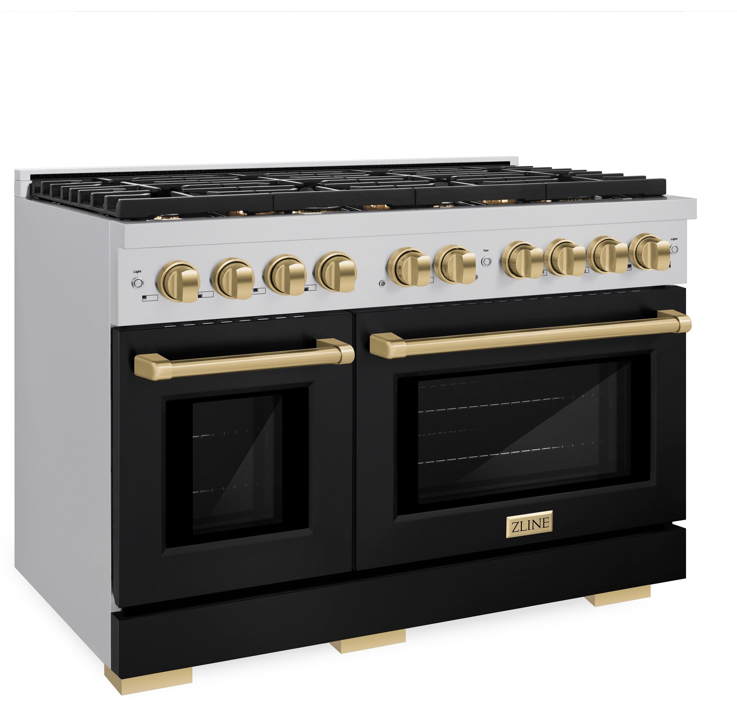 ZLINE Autograph 48 in. 6.7 cu. ft. Paramount Double Oven Gas Range with 8 Burners in Stainless Steel with Black Matte Doors and Champagne Bronze Accents (SGRZ-BLM-48-CB)