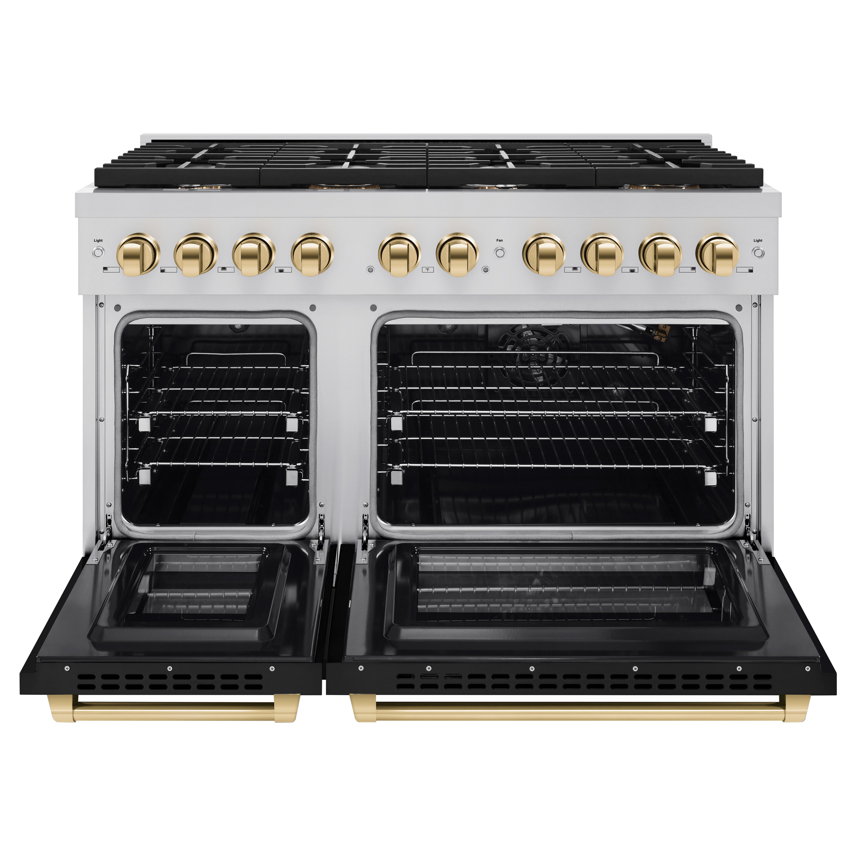 ZLINE Autograph 48 in. 6.7 cu. ft. Paramount Double Oven Gas Range with 8 Burners in Stainless Steel with Black Matte Doors and Polished Gold Accents (SGRZ-BLM-48-G)