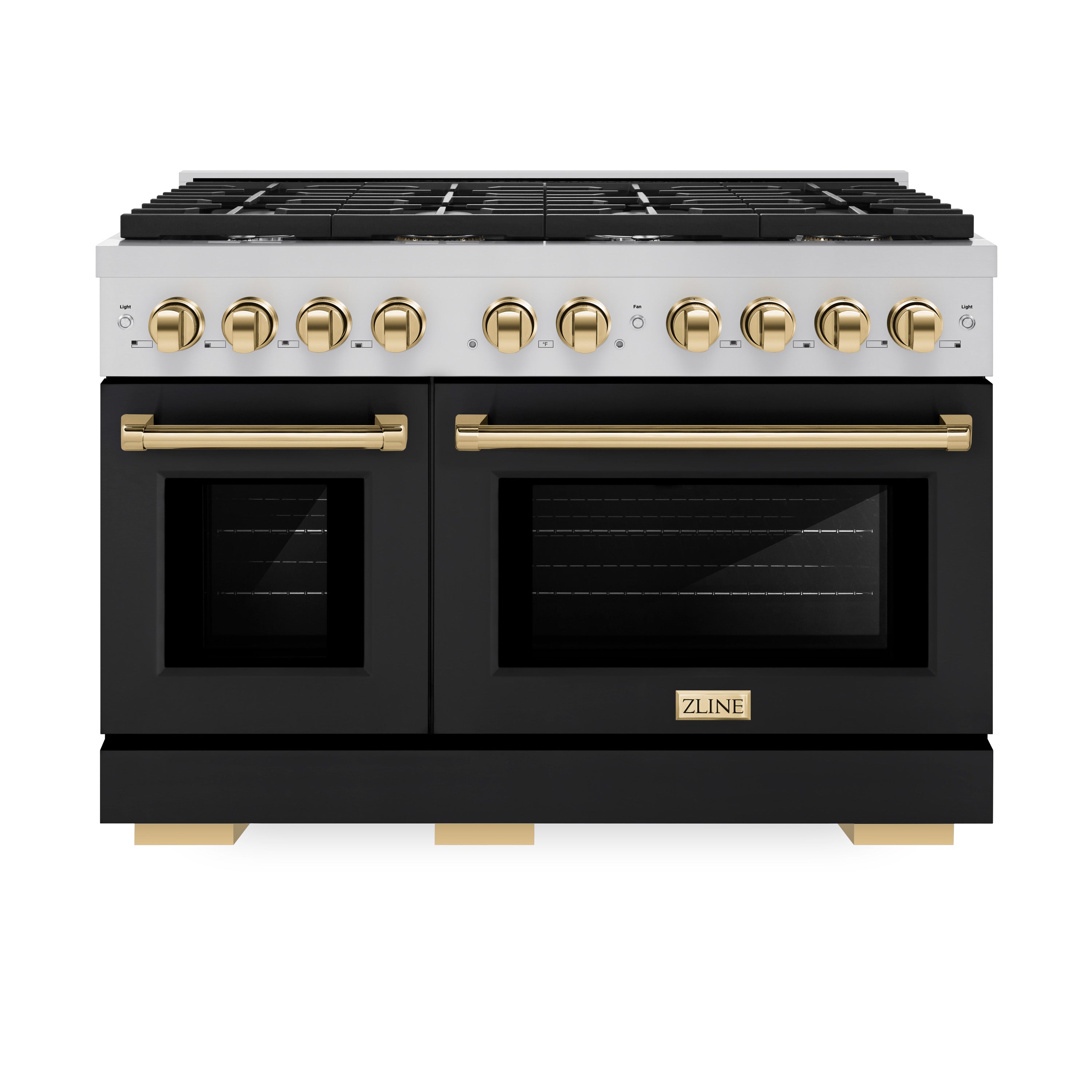ZLINE Autograph 48 in. 6.7 cu. ft. Paramount Double Oven Gas Range with 8 Burners in Stainless Steel with Black Matte Doors and Polished Gold Accents (SGRZ-BLM-48-G)