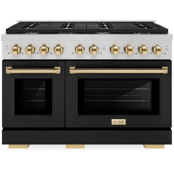ZLINE Autograph 48 in. 6.7 cu. ft. Paramount Double Oven Gas Range with 8 Burners in Stainless Steel with Black Matte Doors and Polished Gold Accents (SGRZ-BLM-48-G)