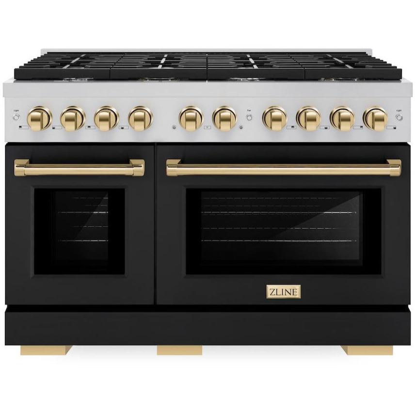 ZLINE Autograph 48 in. 6.7 cu. ft. Paramount Double Oven Gas Range with 8 Burners in Stainless Steel with Black Matte Doors and Polished Gold Accents (SGRZ-BLM-48-G)