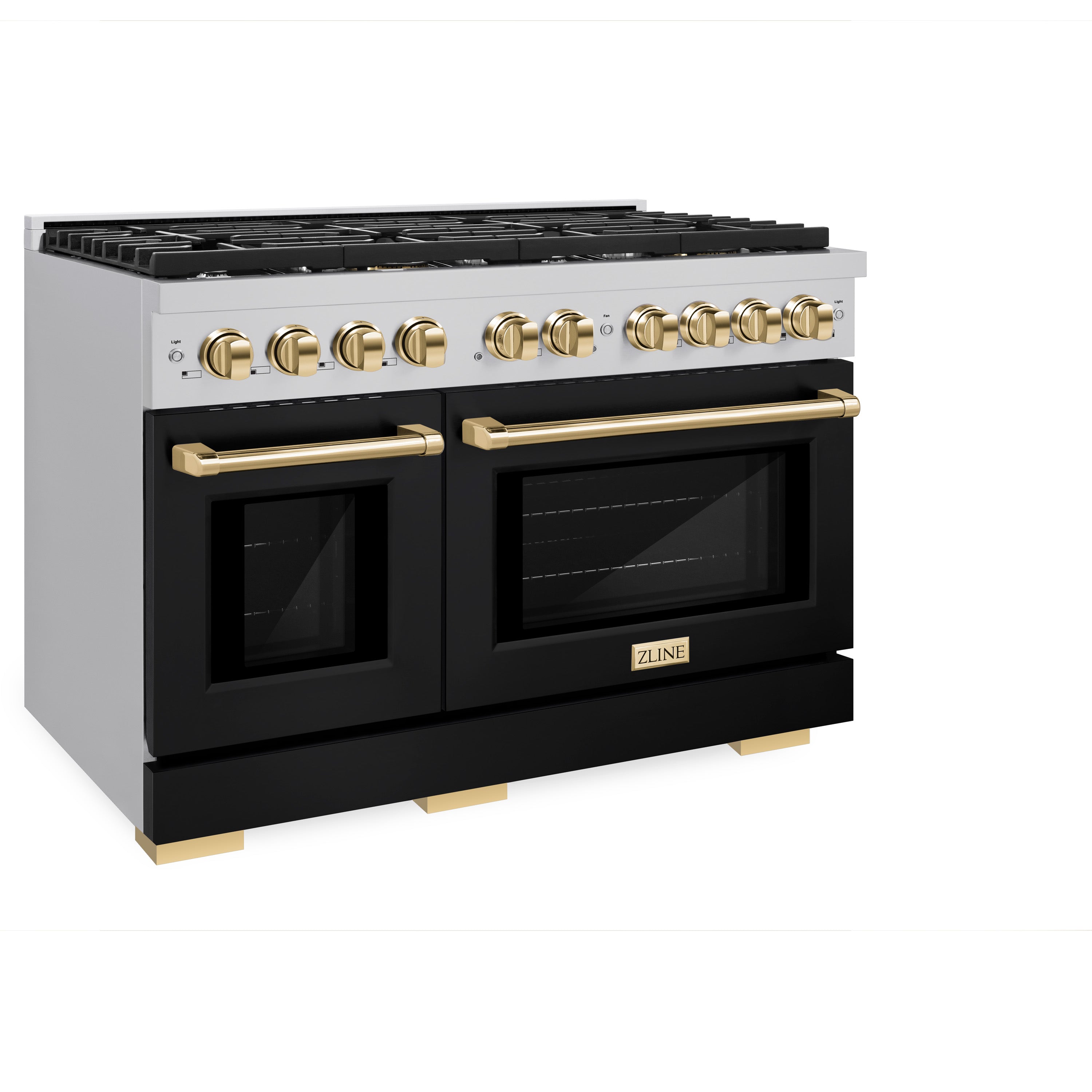 ZLINE Autograph 48 in. 6.7 cu. ft. Paramount Double Oven Gas Range with 8 Burners in Stainless Steel with Black Matte Doors and Polished Gold Accents (SGRZ-BLM-48-G)