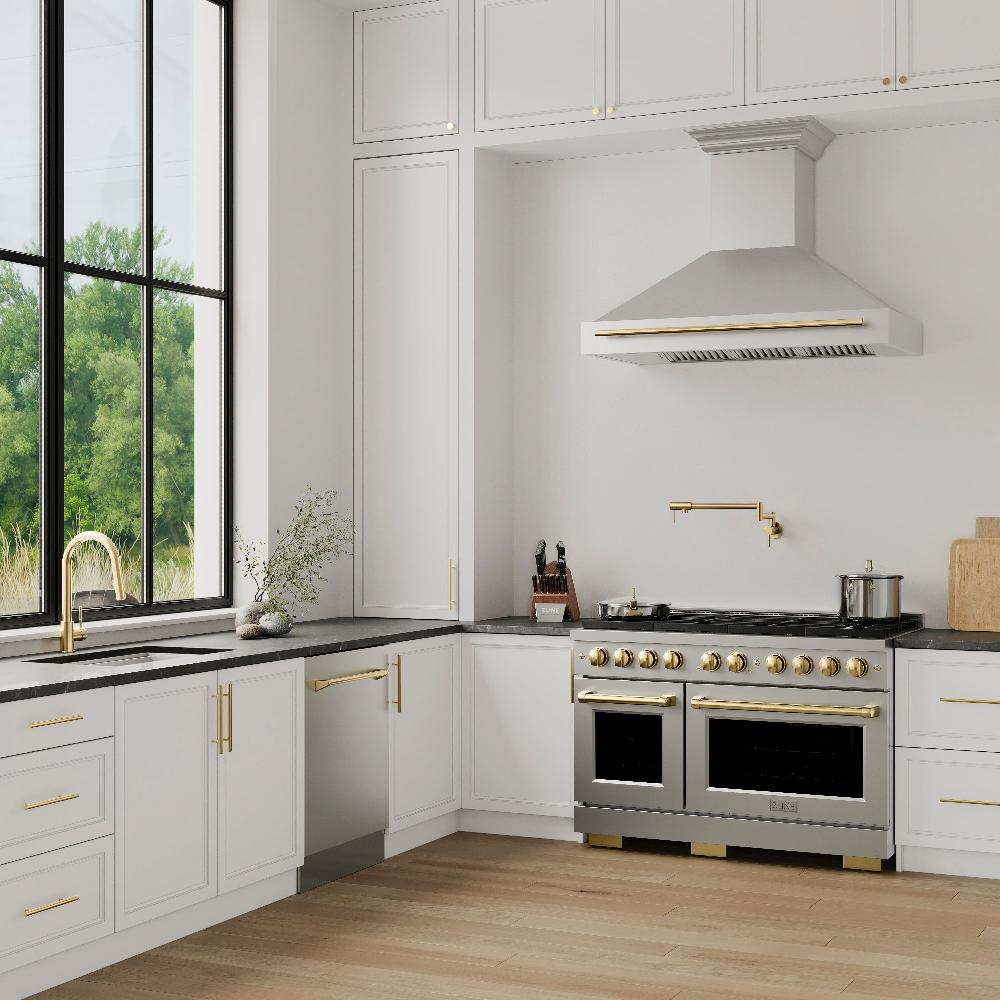 ZLINE Autograph Edition 48 in. 6.7 cu. ft. Paramount Double Oven Dual Fuel Range with 8 Burner Gas Cooktop in Stainless Steel with Polished Gold Accents (SDRZ-48-G)
