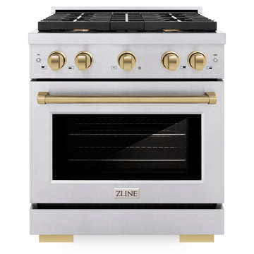 ZLINE Autograph Edition 30 in. Paramount Dual Fuel Range, 4 Burners, 4.2 cu. ft. Electric Convection Oven, Stainless Steel with Champagne Bronze Accents (SDRZ-30-CB)