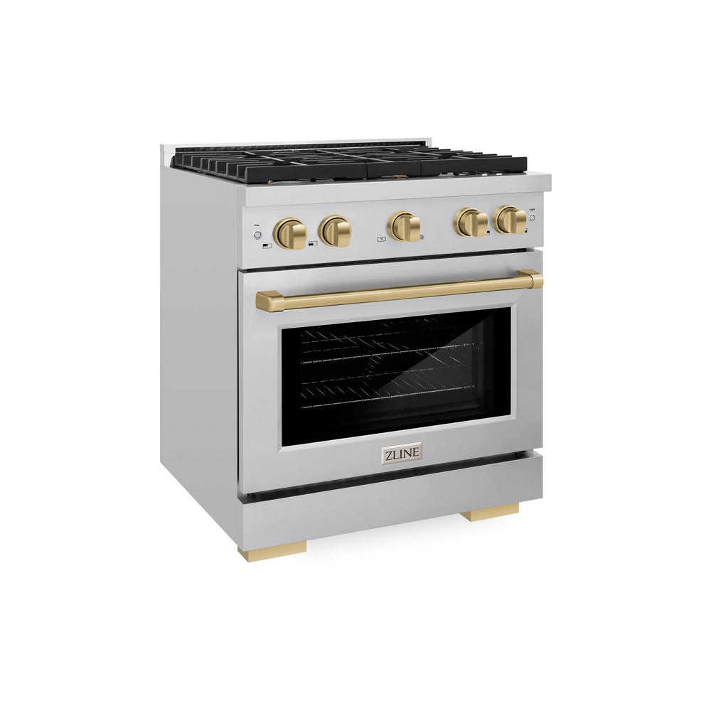ZLINE Autograph Edition 30 in. Paramount Dual Fuel Range, 4 Burners, 4.2 cu. ft. Electric Convection Oven, Stainless Steel with Champagne Bronze Accents (SDRZ-30-CB)