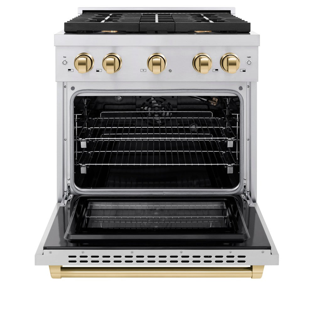 ZLINE Autograph Edition 30 in. Paramount Dual Fuel Range 4.2 cu. ft. with 4 Gas Burners and Electric Convection Oven in Stainless Steel with Polished Gold Accents (SDRZ-30-G)