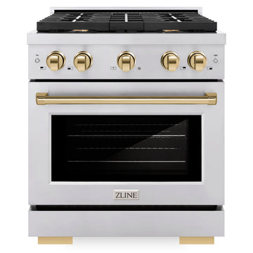 ZLINE Autograph Edition 30 in. Paramount Dual Fuel Range 4.2 cu. ft. with 4 Gas Burners and Electric Convection Oven in Stainless Steel with Polished Gold Accents (SDRZ-30-G)