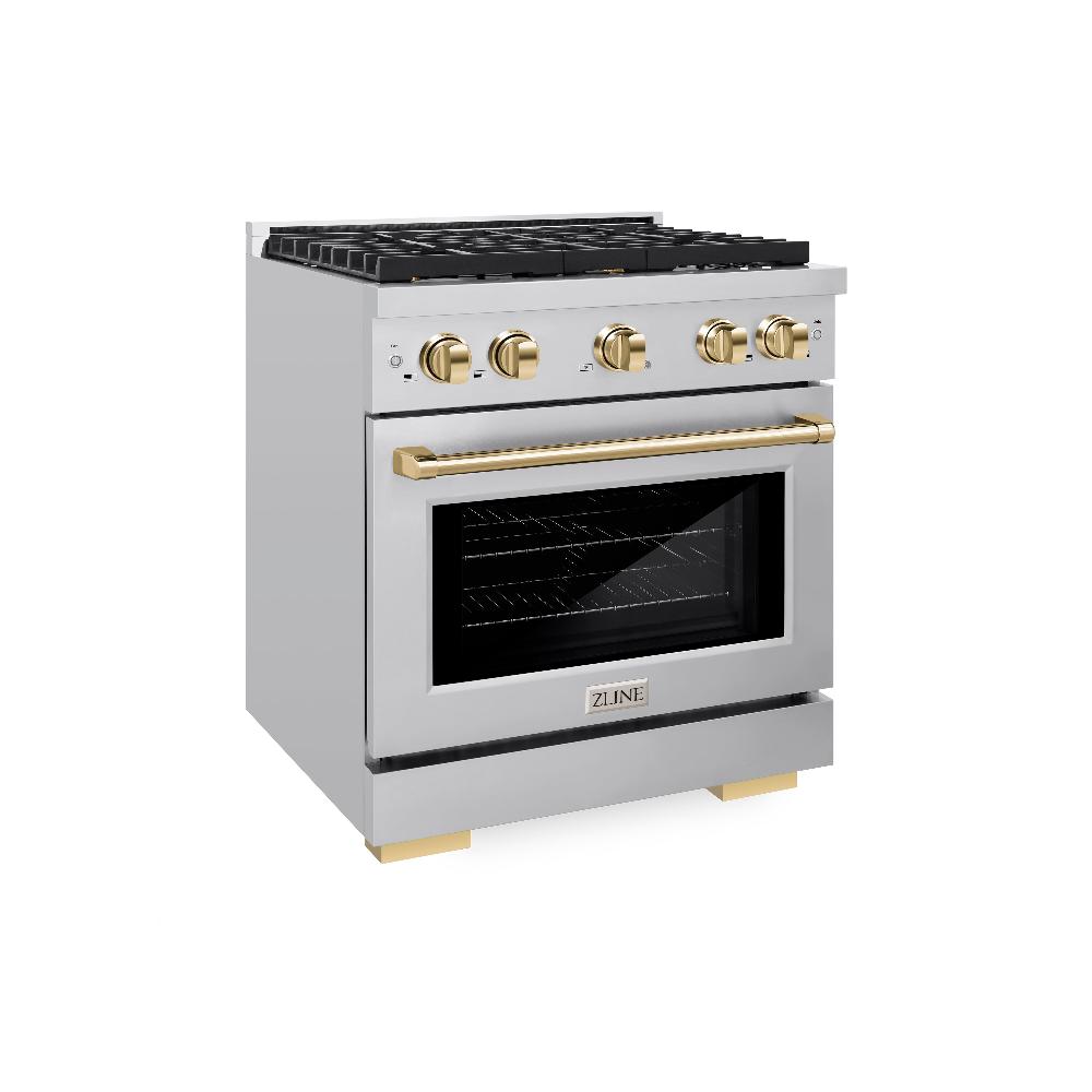 ZLINE Autograph Edition 30 in. Paramount Dual Fuel Range 4.2 cu. ft. with 4 Gas Burners and Electric Convection Oven in Stainless Steel with Polished Gold Accents (SDRZ-30-G)
