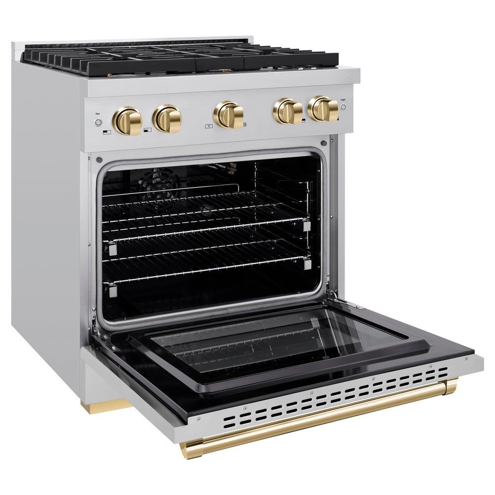ZLINE Autograph Edition 30 in. Paramount Dual Fuel Range 4.2 cu. ft. with 4 Gas Burners and Electric Convection Oven in Stainless Steel with Polished Gold Accents (SDRZ-30-G)