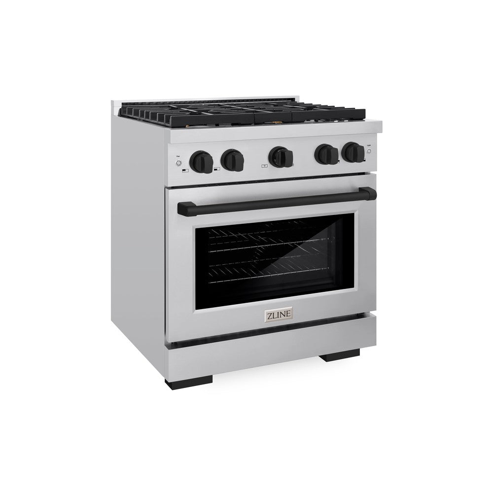 ZLINE Autograph Edition 30 in. Paramount Dual Fuel Range, 4.2 cu. ft., 4 Burner Gas Cooktop, Electric Convection Oven, Stainless Steel with Matte Black Accents (SDRZ-30-MB)