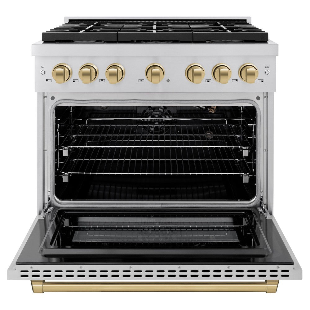 ZLINE Autograph Edition 36 in. 5.2 cu. ft. Paramount Dual Fuel Range with 6-Burner Gas Cooktop and Electric Convection Oven in Stainless Steel with Champagne Bronze Accents (SDRZ-36-CB)