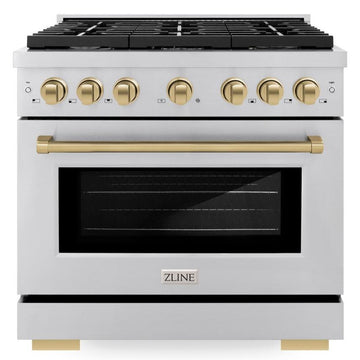 ZLINE Autograph Edition 36 in. 5.2 cu. ft. Paramount Dual Fuel Range with 6-Burner Gas Cooktop and Electric Convection Oven in Stainless Steel with Champagne Bronze Accents (SDRZ-36-CB)