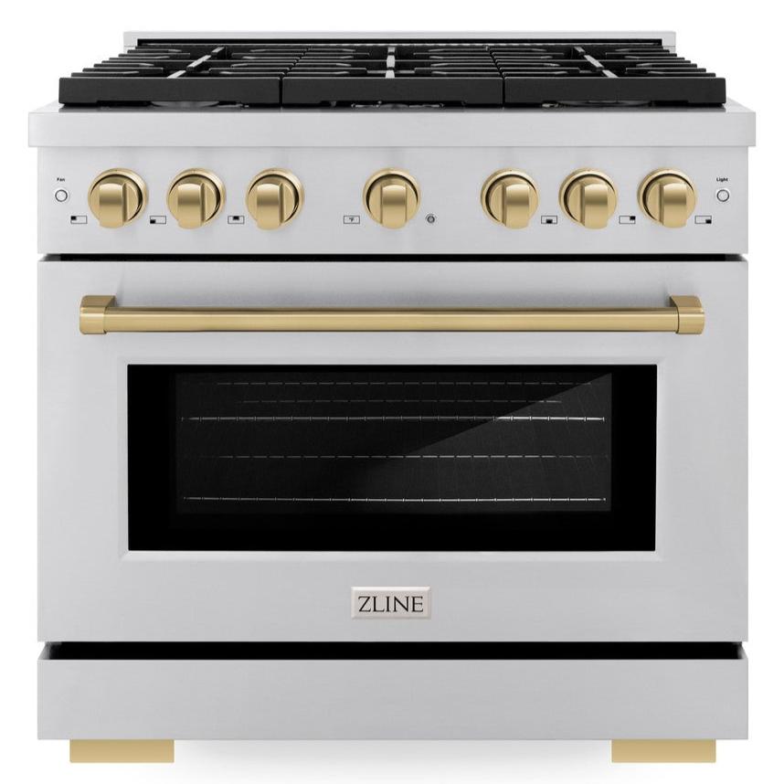 ZLINE Autograph Edition 36 in. 5.2 cu. ft. Paramount Dual Fuel Range with 6-Burner Gas Cooktop and Electric Convection Oven in Stainless Steel with Champagne Bronze Accents (SDRZ-36-CB)