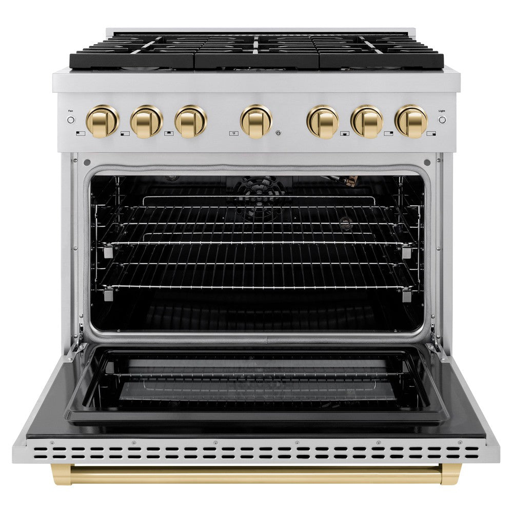 ZLINE Autograph Edition 36 in. Dual Fuel Range with 6 Gas Burners and Electric Convection Oven, 5.2 cu. ft., Stainless Steel with Polished Gold Accents (SDRZ-36-G)