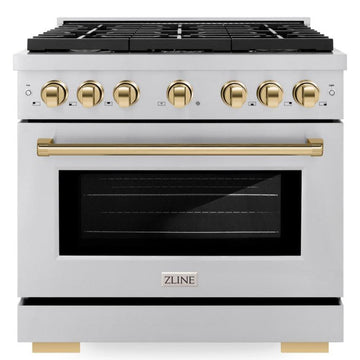 ZLINE Autograph Edition 36 in. Dual Fuel Range with 6 Gas Burners and Electric Convection Oven, 5.2 cu. ft., Stainless Steel with Polished Gold Accents (SDRZ-36-G)