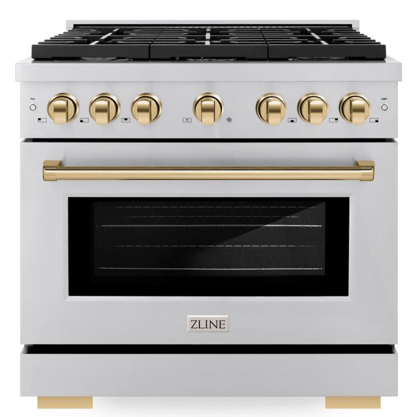 ZLINE Autograph Edition 36 in. Dual Fuel Range with 6 Gas Burners and Electric Convection Oven, 5.2 cu. ft., Stainless Steel with Polished Gold Accents (SDRZ-36-G)