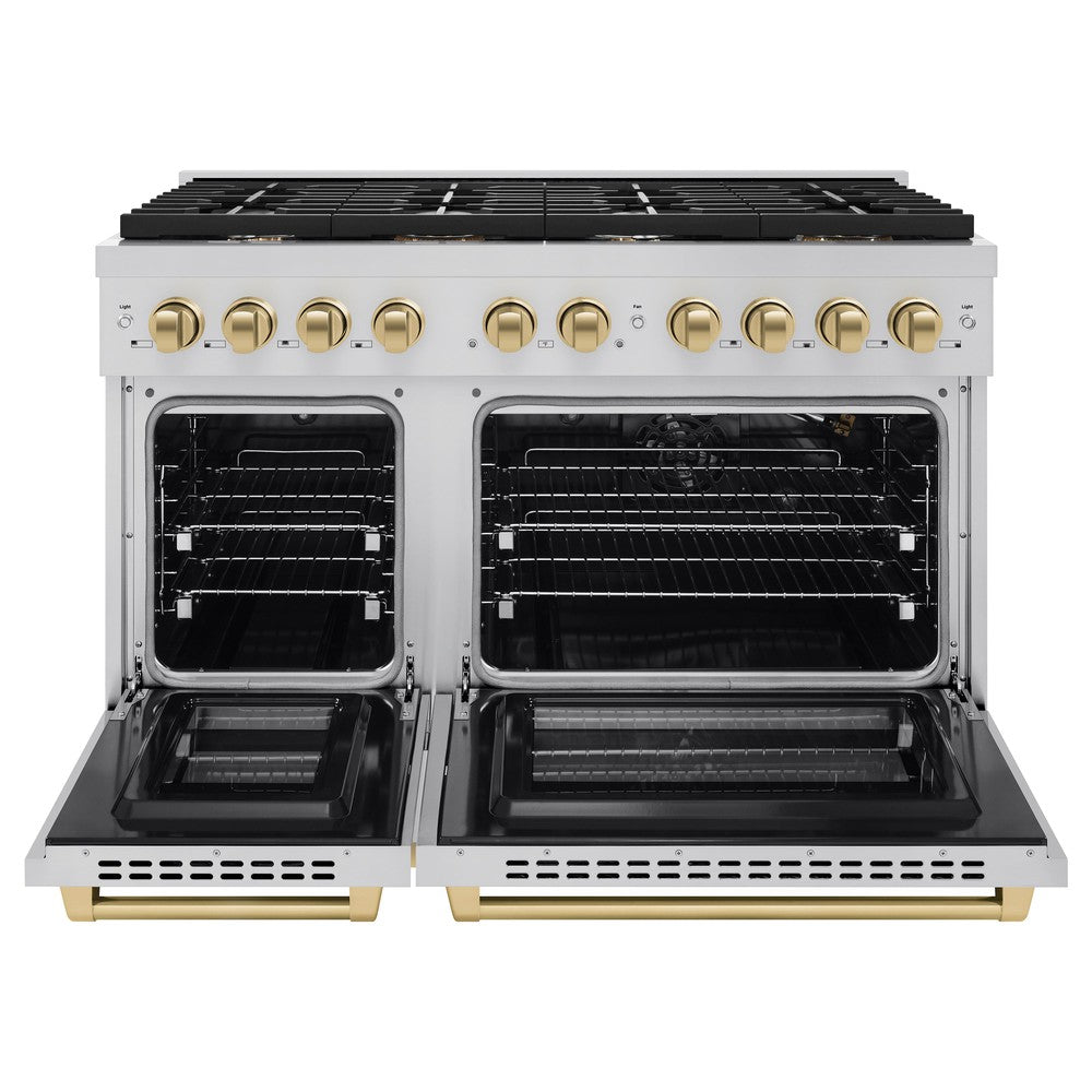 ZLINE Autograph Edition 48 in. 6.7 cu. ft. Paramount Double Oven Dual Fuel Range with 8 Gas Burners, Stainless Steel with Champagne Bronze Accents (SDRZ-48-CB)