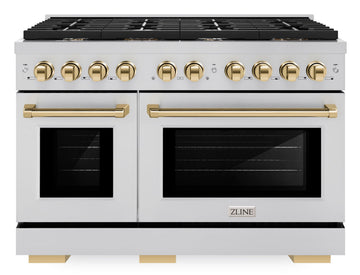 ZLINE Autograph Edition 48 in. 6.7 cu. ft. Paramount Double Oven Dual Fuel Range with 8 Burner Gas Cooktop in Stainless Steel with Polished Gold Accents (SDRZ-48-G)