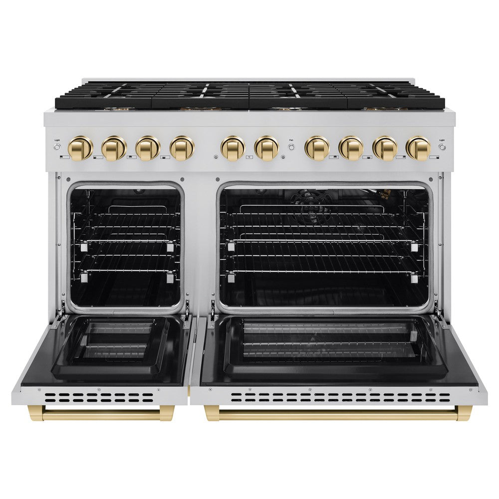 ZLINE Autograph Edition 48 in. 6.7 cu. ft. Paramount Double Oven Dual Fuel Range with 8 Burner Gas Cooktop in Stainless Steel with Polished Gold Accents (SDRZ-48-G)