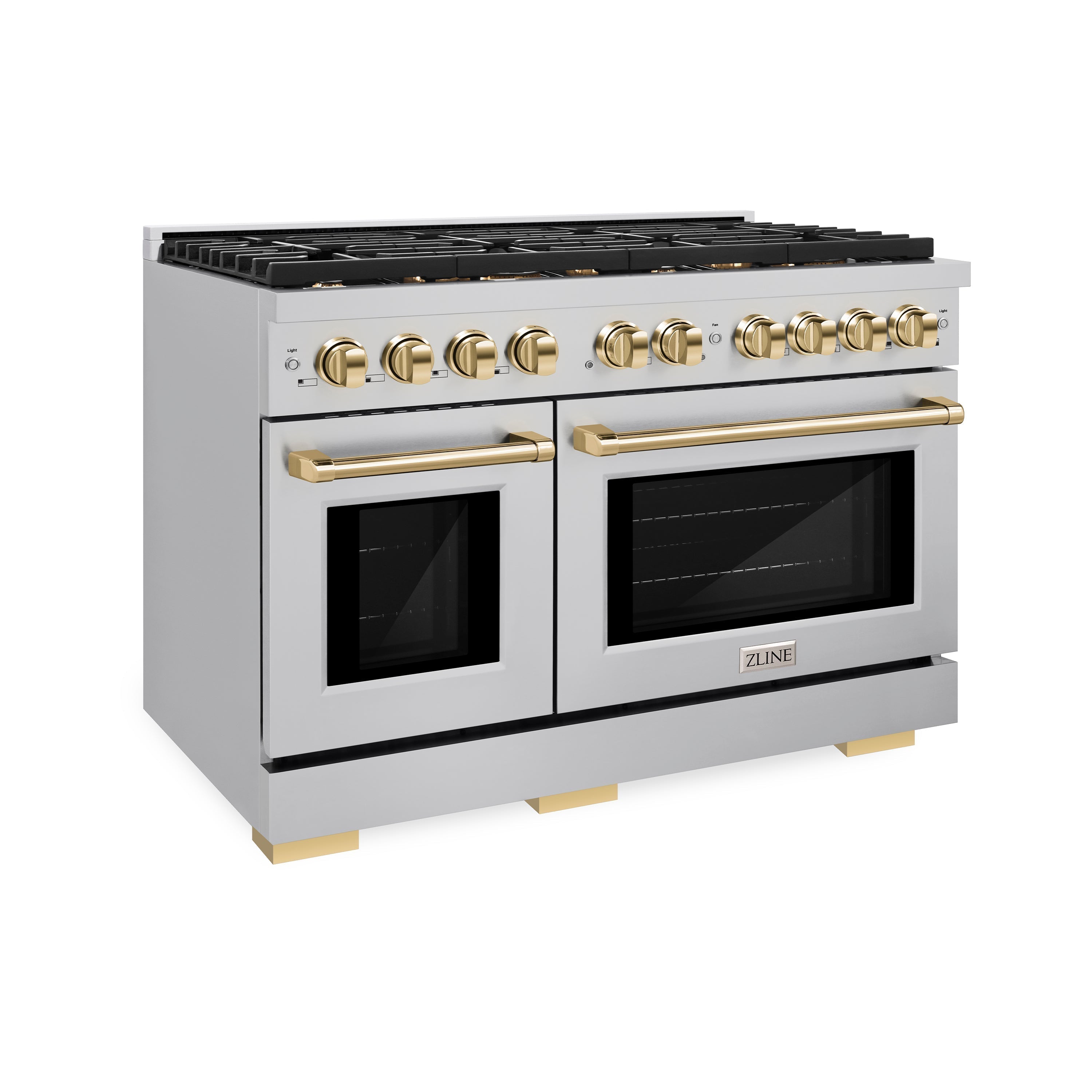 ZLINE Autograph Edition 48 in. 6.7 cu. ft. Paramount Double Oven Dual Fuel Range with 8 Burner Gas Cooktop in Stainless Steel with Polished Gold Accents (SDRZ-48-G)