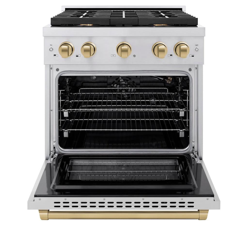 ZLINE Autograph Edition 30 in. 4.2 cu. ft. Paramount Gas Range with 4 Burners and Convection Gas Oven in Stainless Steel with Champagne Bronze Accents (SGRZ-30-CB)