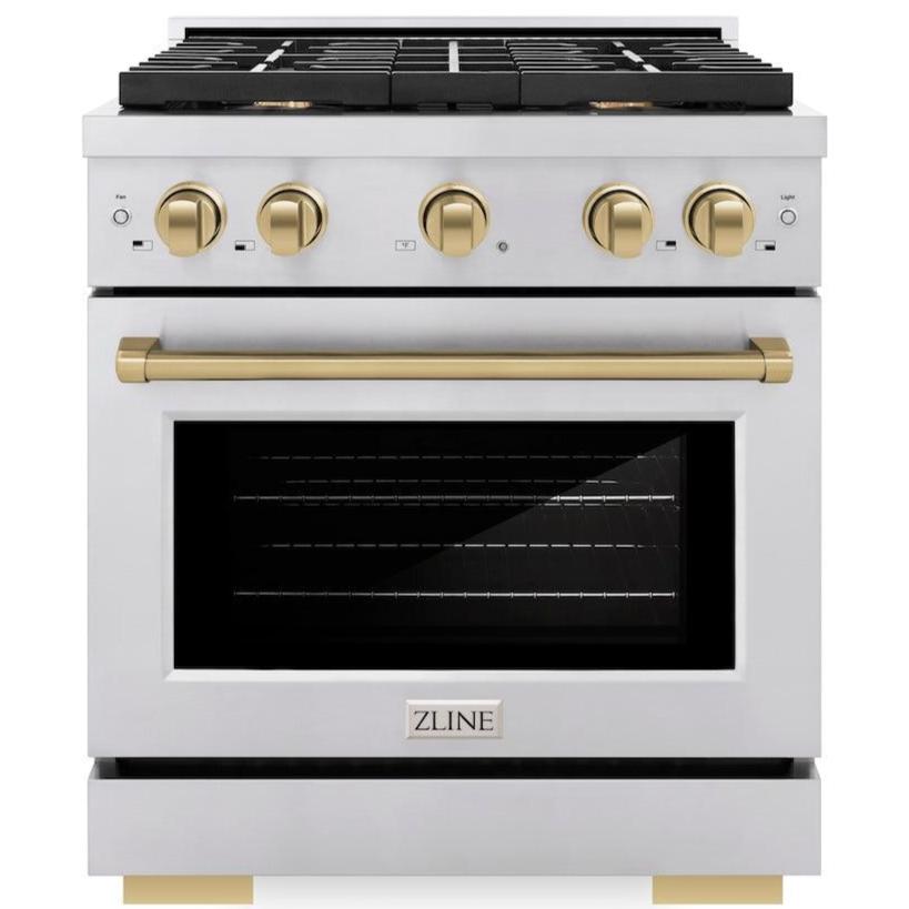ZLINE Autograph Edition 30 in. 4.2 cu. ft. Paramount Gas Range with 4 Burners and Convection Gas Oven in Stainless Steel with Champagne Bronze Accents (SGRZ-30-CB)