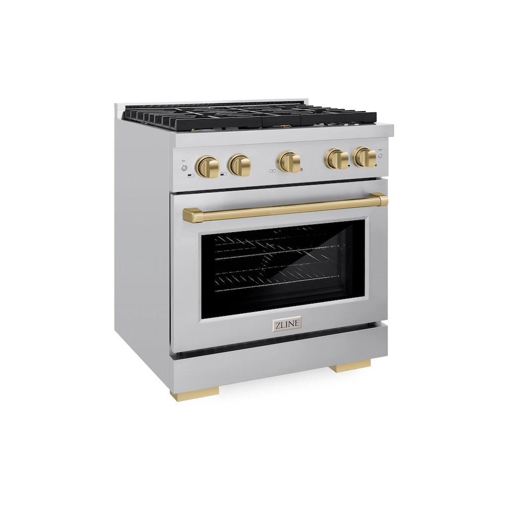 ZLINE Autograph Edition 30 in. 4.2 cu. ft. Paramount Gas Range with 4 Burners and Convection Gas Oven in Stainless Steel with Champagne Bronze Accents (SGRZ-30-CB)