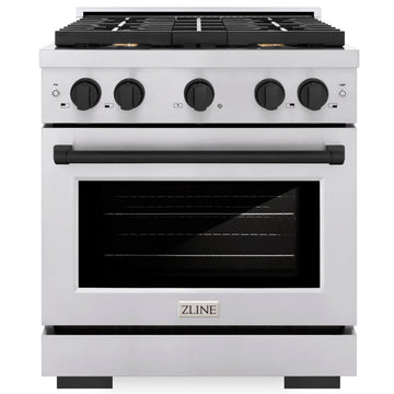 ZLINE Autograph Edition 30 in. 4.2 cu. ft. Paramount Gas Range with 4 Burner Cooktop and Convection Gas Oven in Stainless Steel with Matte Black Accents (SGRZ-30-MB)
