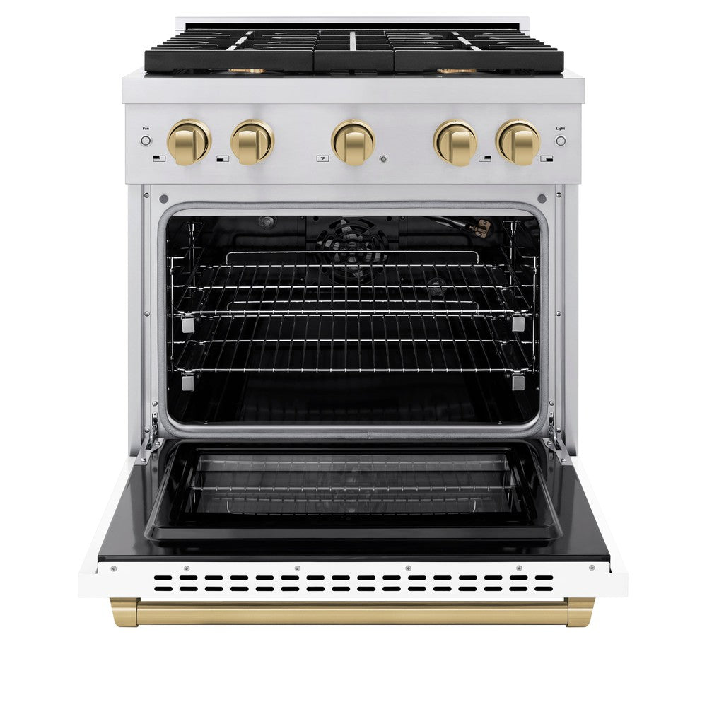 ZLINE Autograph 30 in. Paramount Dual Fuel Range, 4 Burners, 4.2 cu. ft. Electric Convection Oven, White Matte Door with Champagne Bronze Accents, SDRZ-WM-30-CB