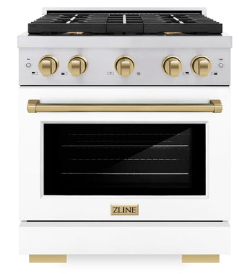 ZLINE Autograph 30 in. Paramount Dual Fuel Range, 4 Burners, 4.2 cu. ft. Electric Convection Oven, White Matte Door with Champagne Bronze Accents, SDRZ-WM-30-CB