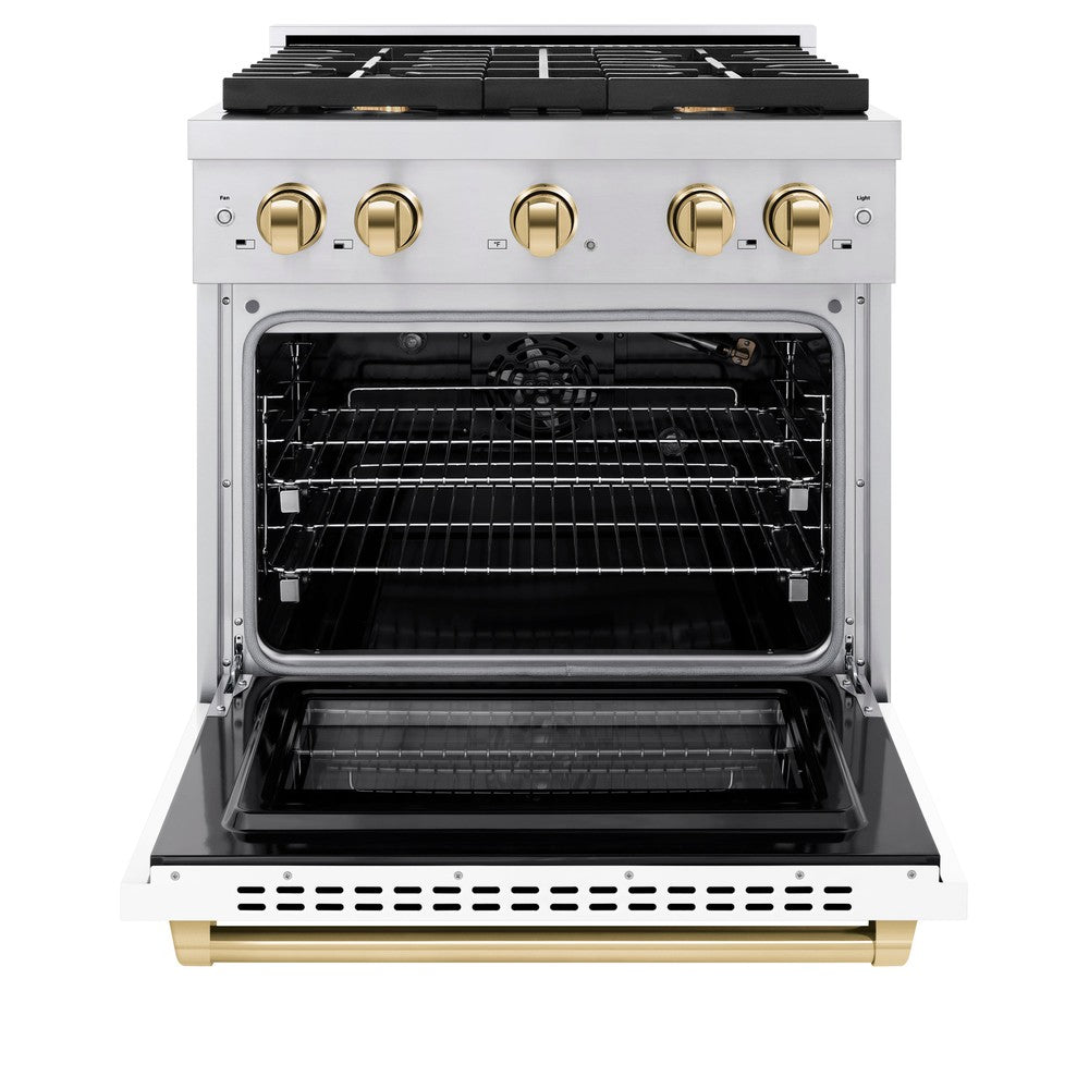 ZLINE Autograph Edition 30 in. Paramount Dual Fuel Range, 4 Burner Gas Cooktop, 4.2 cu. ft. Electric Convection Oven, White Matte Door with Polished Gold Accents (SDRZ-WM-30-G)