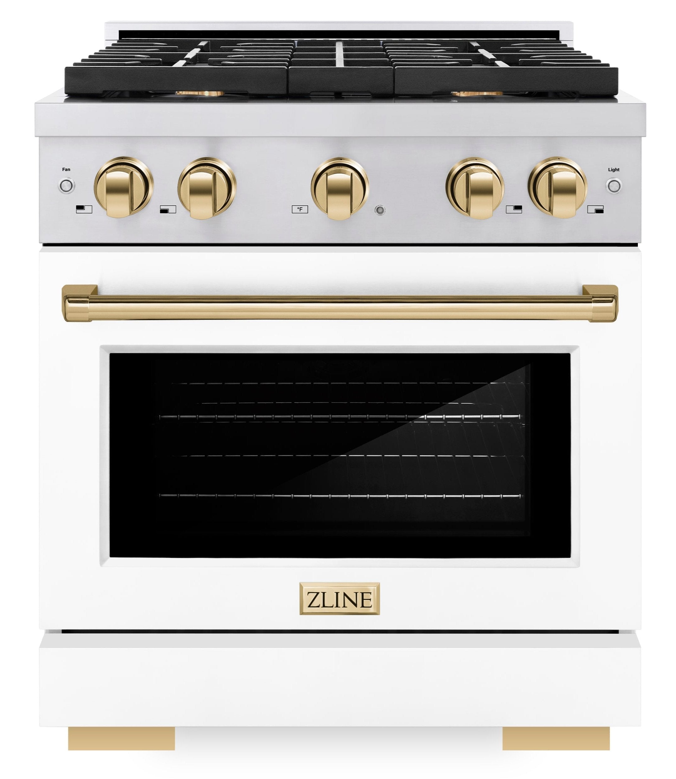 ZLINE Autograph Edition 30 in. Paramount Dual Fuel Range, 4 Burner Gas Cooktop, 4.2 cu. ft. Electric Convection Oven, White Matte Door with Polished Gold Accents (SDRZ-WM-30-G)