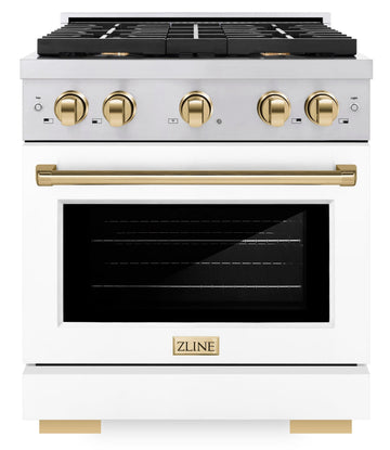 ZLINE Autograph Edition 30 in. Paramount Dual Fuel Range, 4 Burner Gas Cooktop, 4.2 cu. ft. Electric Convection Oven, White Matte Door with Polished Gold Accents (SDRZ-WM-30-G)
