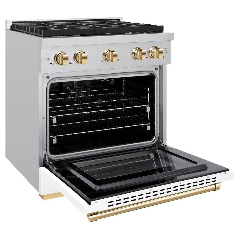 ZLINE Autograph Edition 30 in. Paramount Dual Fuel Range, 4 Burner Gas Cooktop, 4.2 cu. ft. Electric Convection Oven, White Matte Door with Polished Gold Accents (SDRZ-WM-30-G)