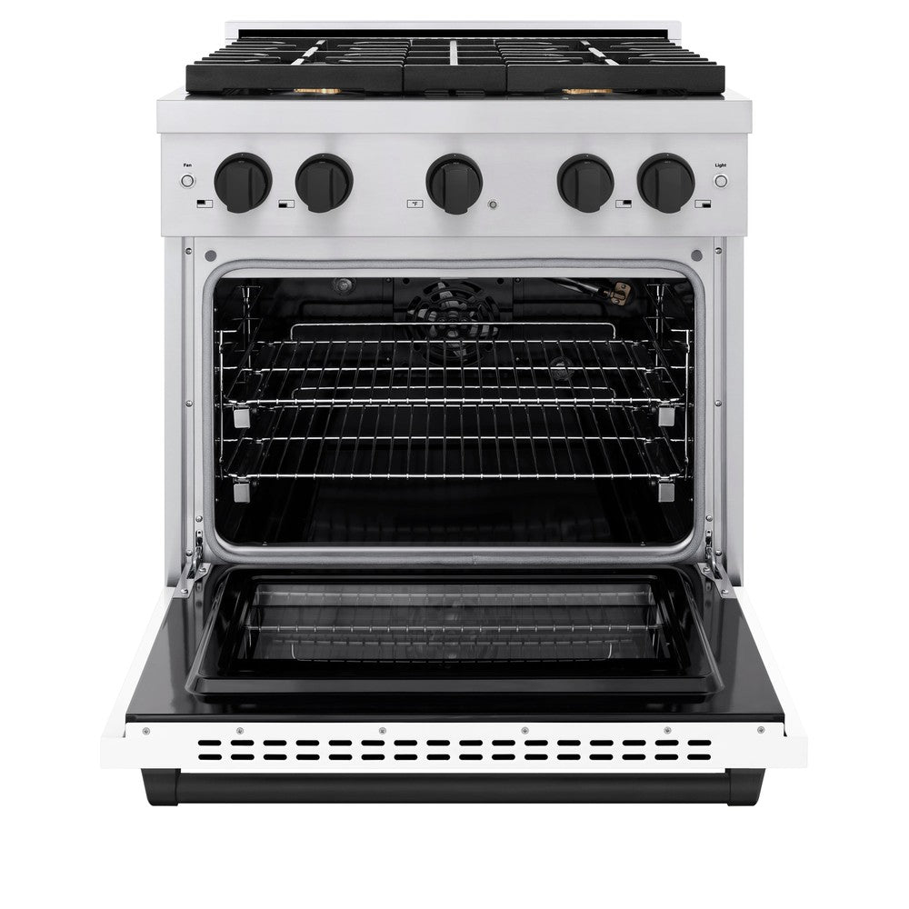 ZLINE Autograph Edition 30 in. Paramount Dual Fuel Range 4.2 cu. ft. with 4 Burner Gas Cooktop, Electric Convection Oven, White Matte Door & Matte Black Accents (SDRZ-WM-30-MB)