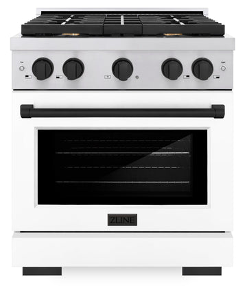ZLINE Autograph Edition 30 in. Paramount Dual Fuel Range 4.2 cu. ft. with 4 Burner Gas Cooktop, Electric Convection Oven, White Matte Door & Matte Black Accents (SDRZ-WM-30-MB)