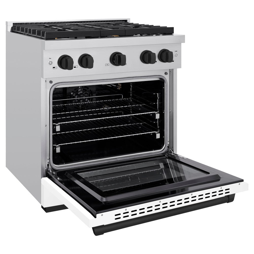 ZLINE Autograph Edition 30 in. Paramount Dual Fuel Range 4.2 cu. ft. with 4 Burner Gas Cooktop, Electric Convection Oven, White Matte Door & Matte Black Accents (SDRZ-WM-30-MB)