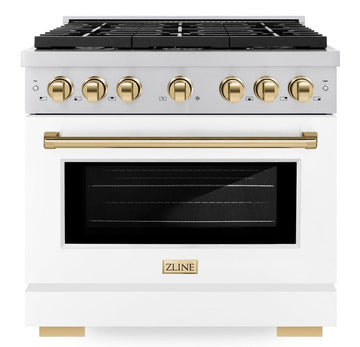 ZLINE Autograph Edition 36 in. 5.2 cu. ft. Paramount Dual Fuel Range with 6 Burner Gas Cooktop and Electric Convection Oven in Stainless Steel with White Matte Door and Polished Gold Accents (SDRZ-WM-36-G)