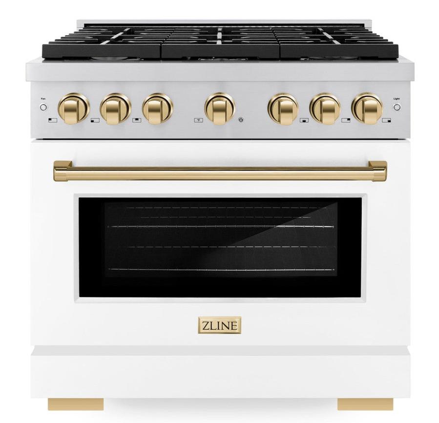ZLINE Autograph Edition 36 in. 5.2 cu. ft. Paramount Dual Fuel Range with 6 Burner Gas Cooktop and Electric Convection Oven in Stainless Steel with White Matte Door and Polished Gold Accents (SDRZ-WM-36-G)
