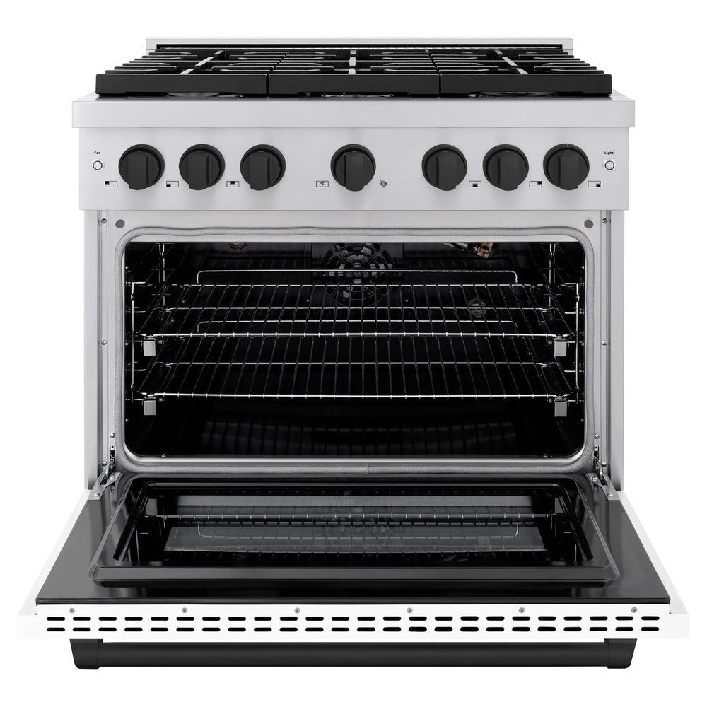 ZLINE Autograph Edition 36 in. 5.2 cu. ft. Paramount Dual Fuel Range with 6 Burner Gas Cooktop, Electric Convection Oven, White Matte Door and Matte Black Accents (SDRZ-WM-36-MB)